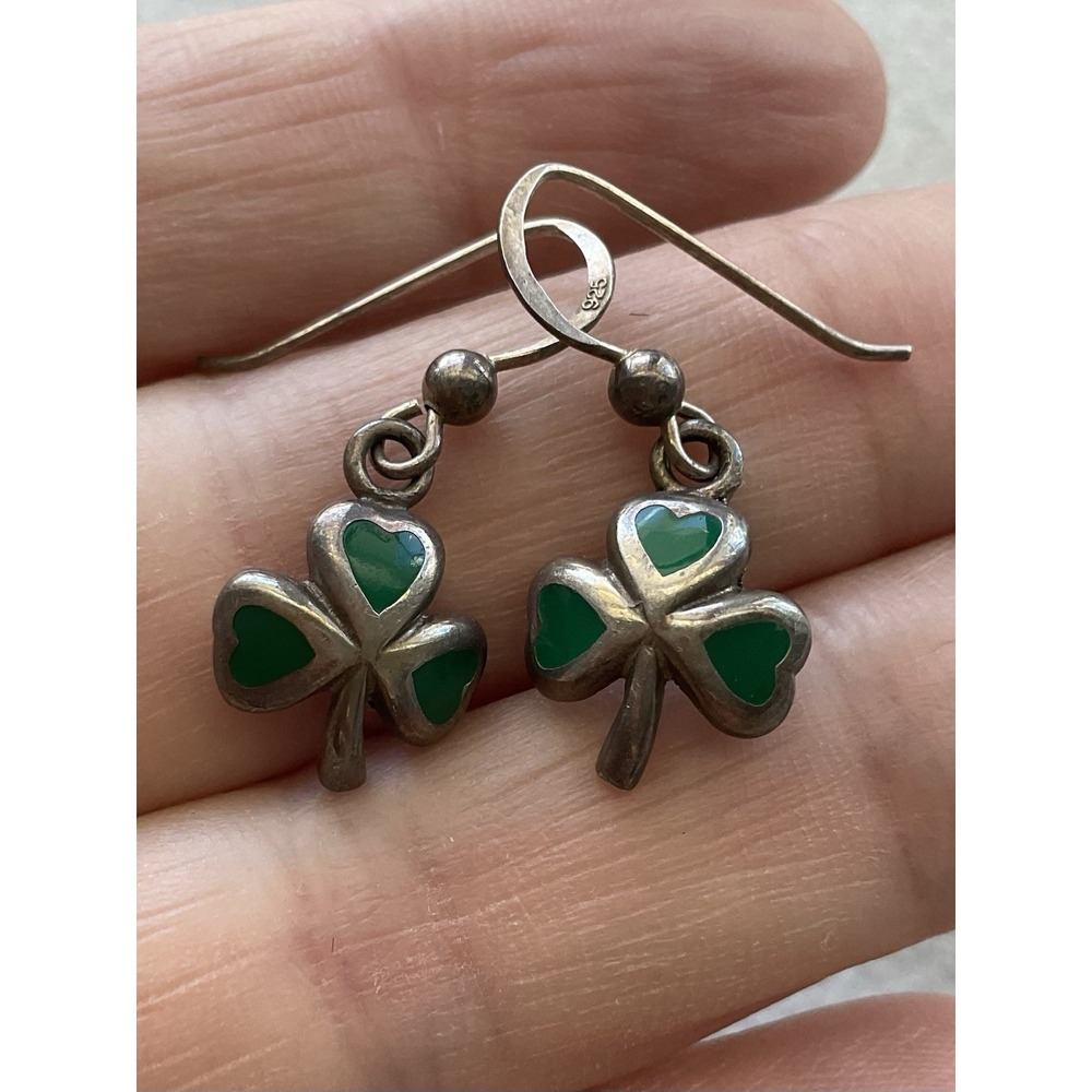 925 sterling silver shamrock drop earrings Enamel Vintage Estate Jewelry